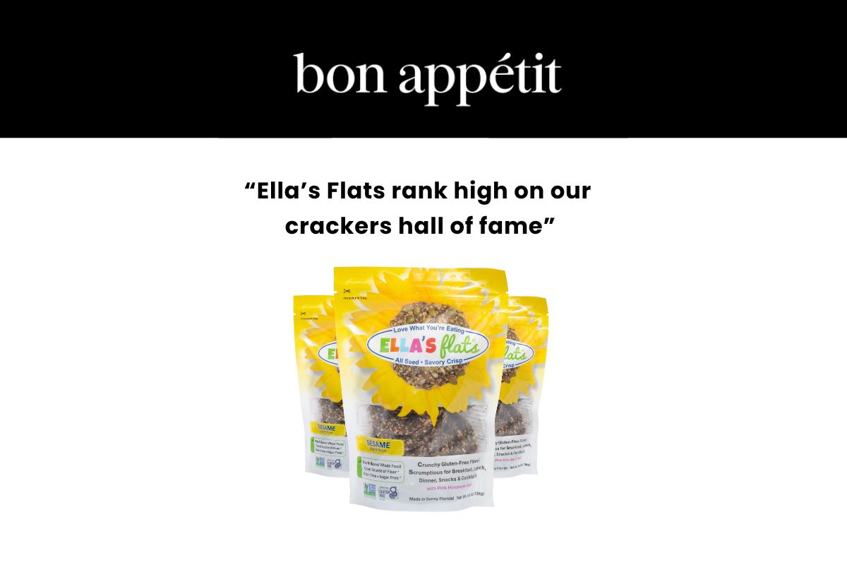 Ella’s Flats seed crackers featured in Bon Appétit as a top healthy snack, shown with various topping suggestions like avocado toast, salads, and yogurt bowls.