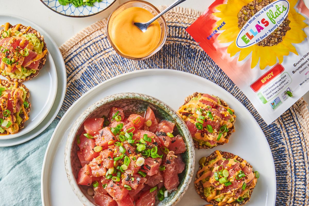 Ella’s Flats Spicy Seed Crackers paired with a spicy poke bowl